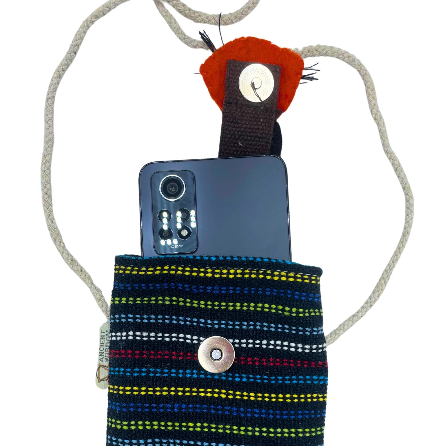 Handmade Cotton Mobile Phone Holder Bag - Black and Multicoloured / Fox product packaging on clean background from Quintessential Holistic Health Ltd