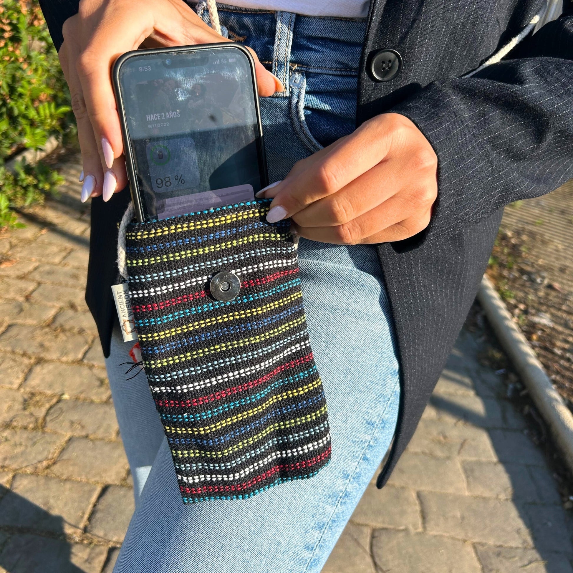 Handmade Cotton Mobile Phone Holder Bag - Black and Multicoloured / Fox product packaging on clean background from Quintessential Holistic Health Ltd