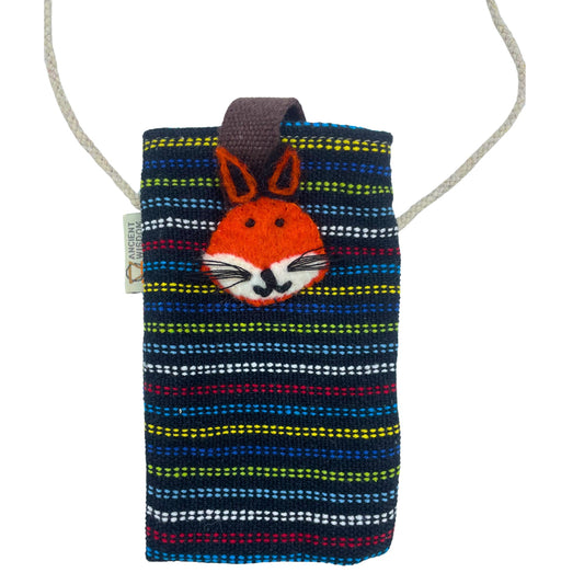 Handmade Cotton Mobile Phone Holder Bag - Black and Multicoloured / Fox product packaging on clean background from Quintessential Holistic Health Ltd