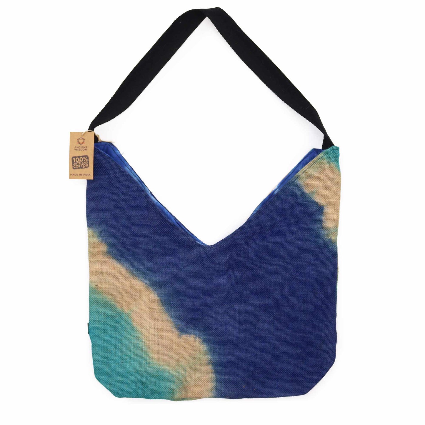 Soft Blend Eco-Friendly Jute and Cotton Shoulder Tote Bag - Blue Denim product packaging on clean background from Quintessential Holistic Health Ltd