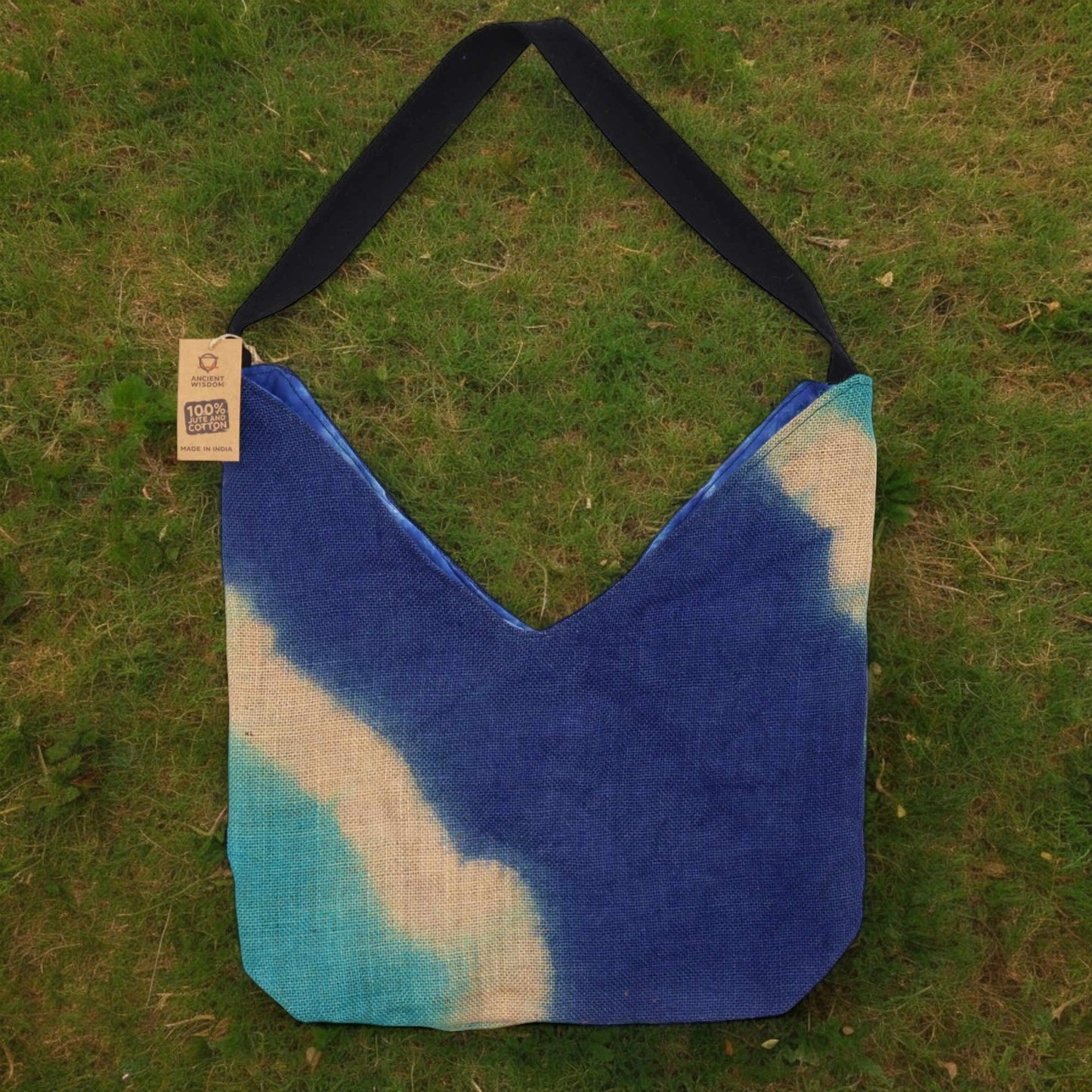 Soft Blend Eco-Friendly Jute and Cotton Shoulder Tote Bag - Blue Denim product packaging on clean background from Quintessential Holistic Health Ltd