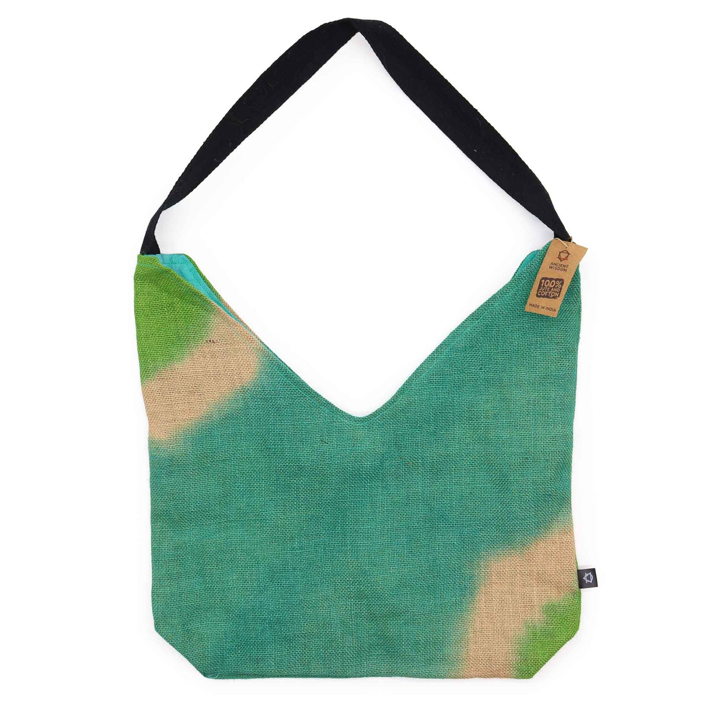 Soft Blend Eco-Friendly Jute and Cotton Shoulder Tote Bag - Teal with a wide black strap and tan patches by Quintessential Holistic Health Ltd