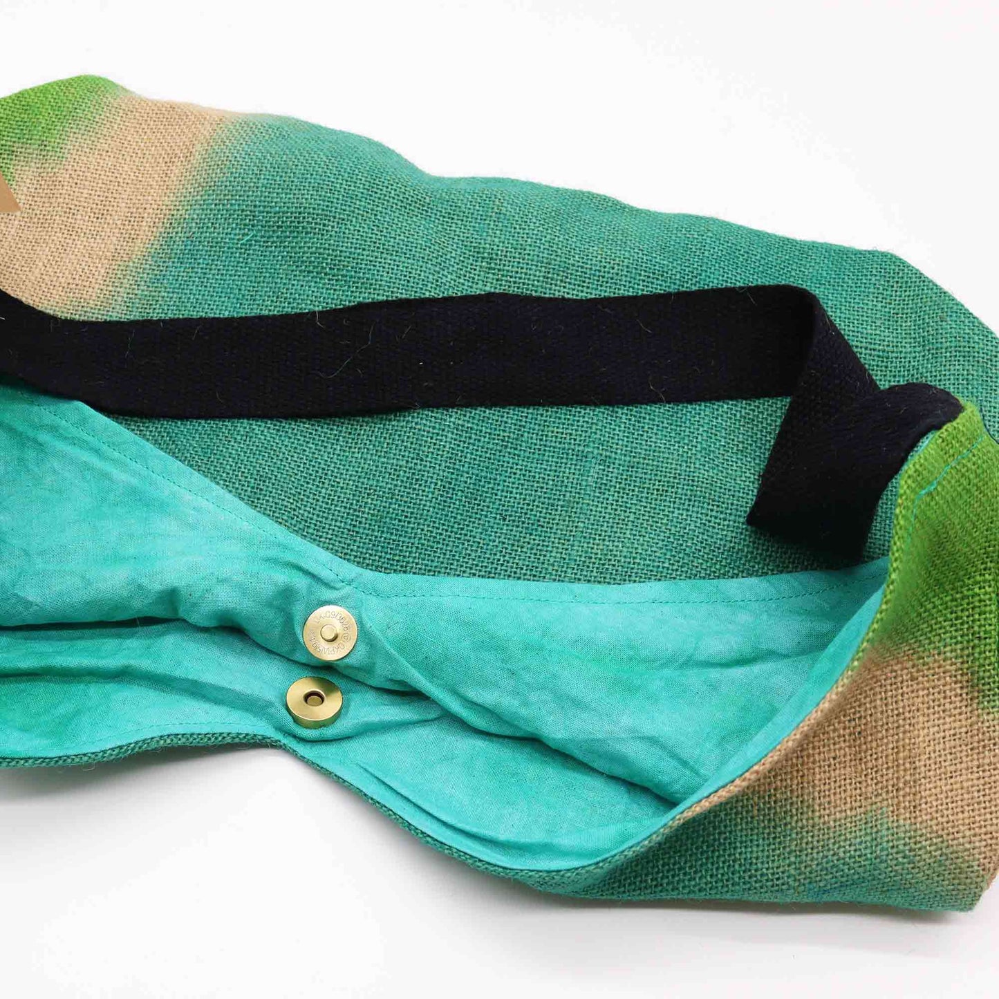 Soft Blend Eco-Friendly Jute and Cotton Shoulder Tote Bag - Teal close-up showing the black strap and button details by Quintessential Holistic Health Ltd