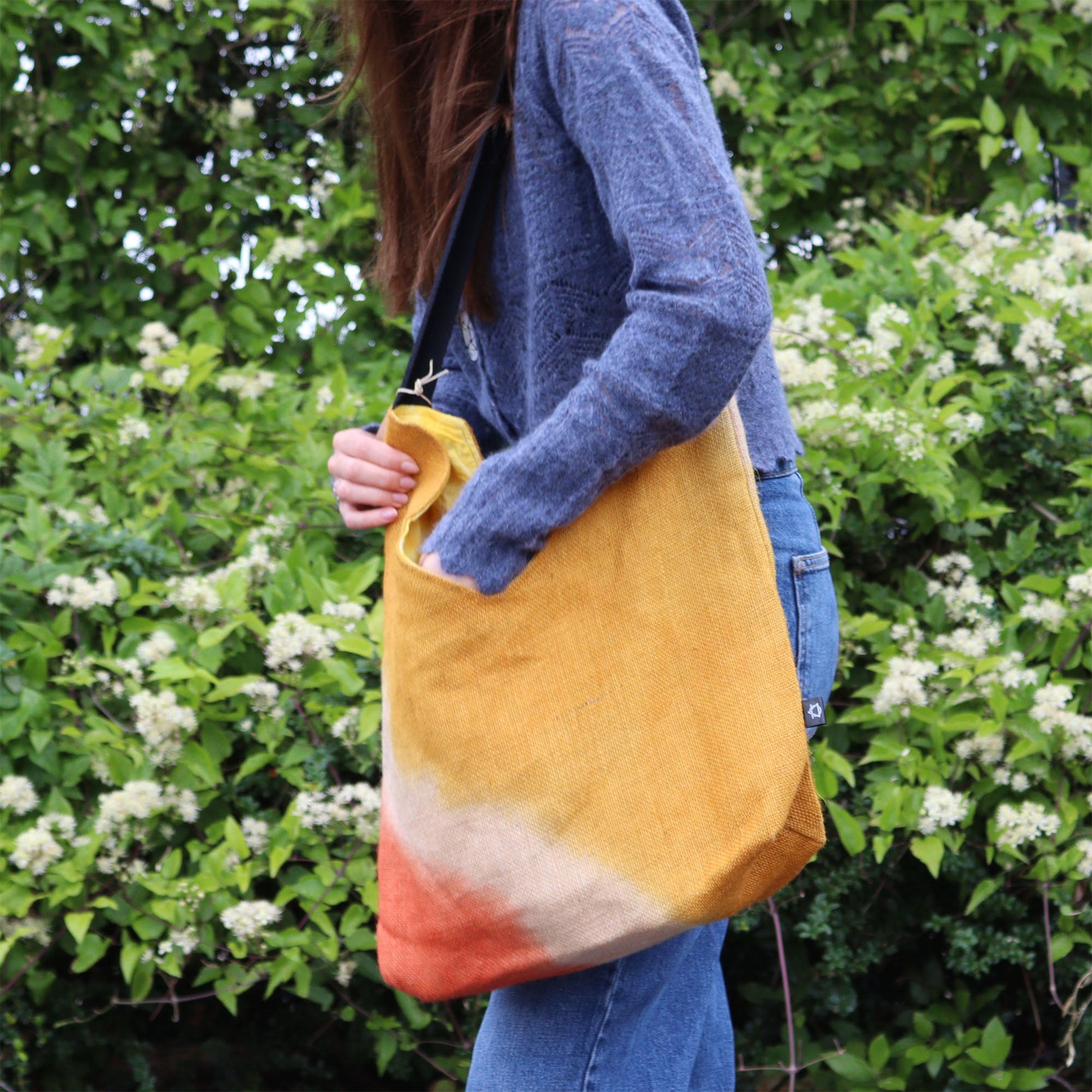 Soft Blend Eco-Friendly Jute and Cotton Shoulder Tote Bag - Turmeric product packaging on clean background from Quintessential Holistic Health Ltd