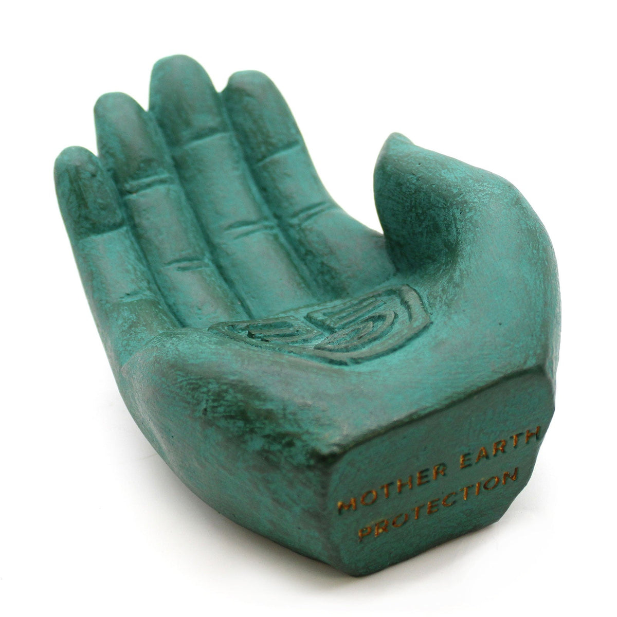 Concrete Incense Burner - Mother Earth - Protection - Green, upright cupped hand with an engraved palm motif and orange side lettering, by Quintessential Holistic Health Ltd