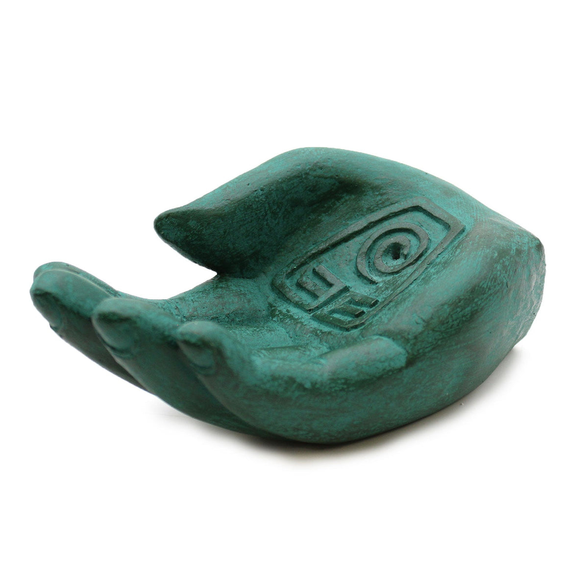 Concrete Incense Burner - Mother Earth - Protection - Green, cupped green hand with an engraved geometric eye motif, by Quintessential Holistic Health Ltd