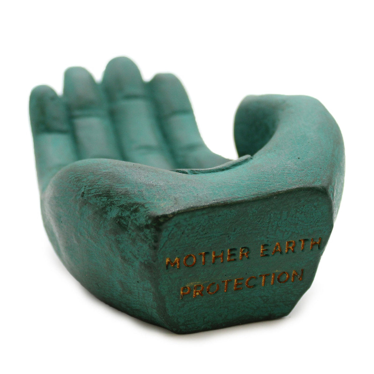 Concrete Incense Burner - Mother Earth - Protection - Green, green cupped hand with orange Mother Earth Protection lettering, by Quintessential Holistic Health Ltd