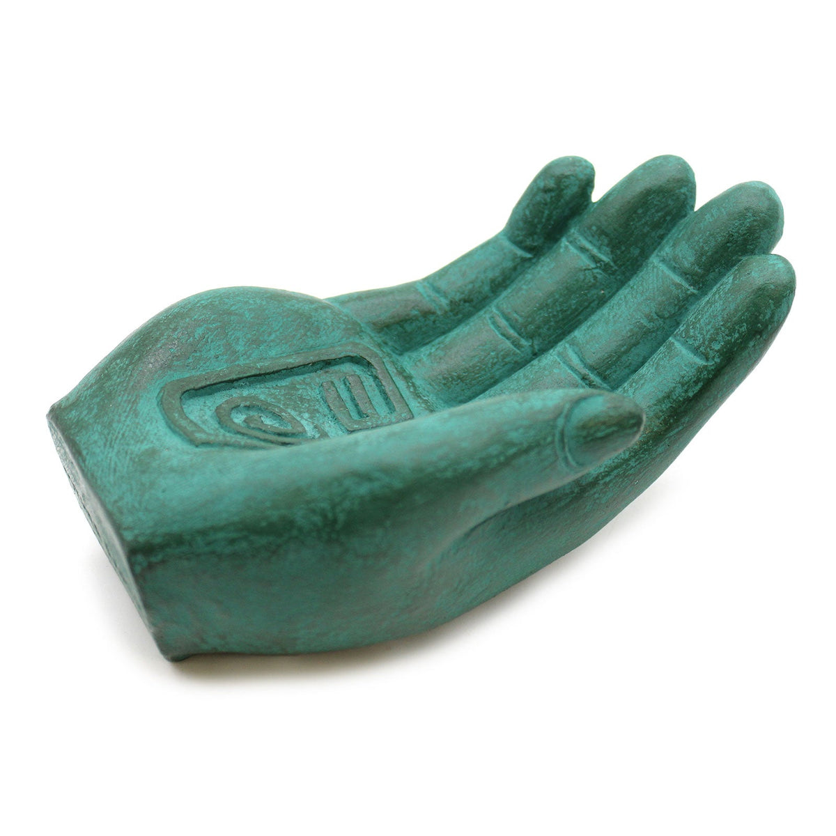 Concrete Incense Burner - Mother Earth - Protection - Green, open green palm with raised fingers and an engraved eye symbol, by Quintessential Holistic Health Ltd
