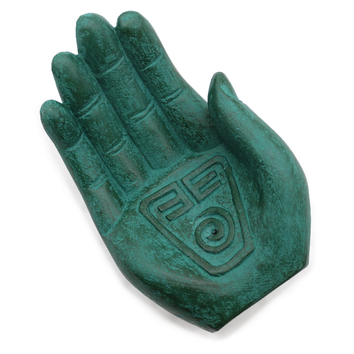 Concrete Incense Burner - Mother Earth - Protection - Green, elongated open green palm with raised fingers and an engraved eye motif, by Quintessential Holistic Health Ltd