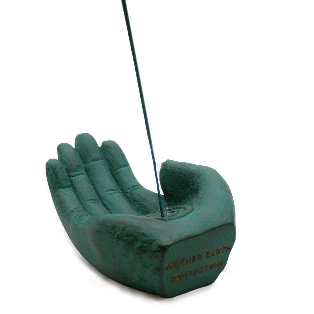 Concrete Incense Burner - Mother Earth - Protection - Green, green cupped hand holding a slender upright black stick, by Quintessential Holistic Health Ltd