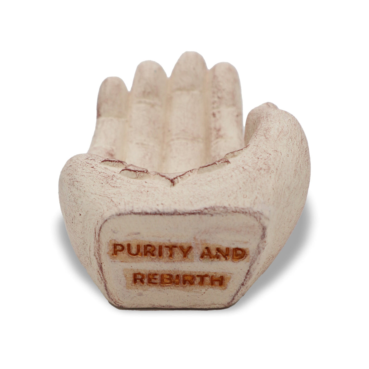 Concrete Incense Burner - Lotus - Purity and Rebirth - White, compact upright hand with orange Purity and Rebirth lettering, by Quintessential Holistic Health Ltd
