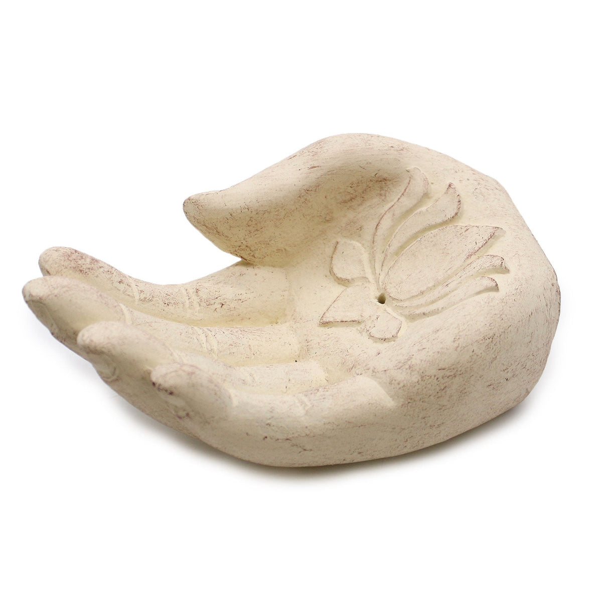 Concrete Incense Burner - Lotus - Purity and Rebirth - White, low cupped hand with an engraved lotus motif, by Quintessential Holistic Health Ltd