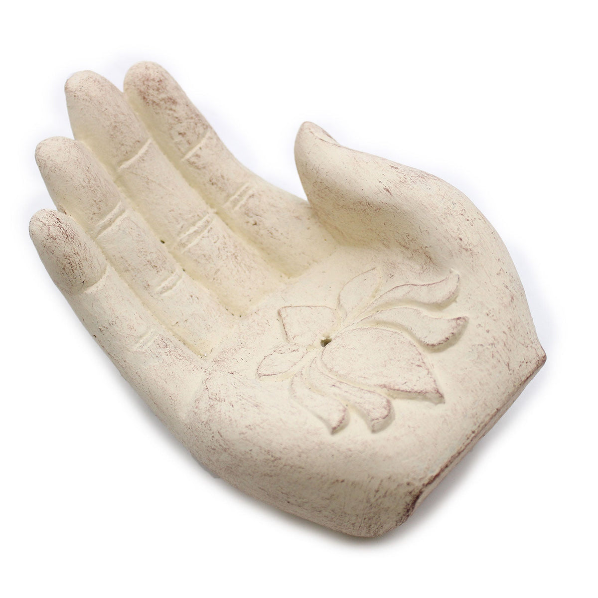 Concrete Incense Burner - Lotus - Purity and Rebirth - White, open hand with an engraved lotus flower on the palm, by Quintessential Holistic Health Ltd