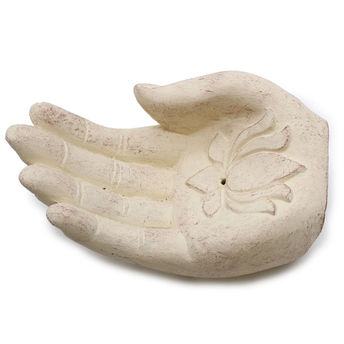 Concrete Incense Burner - Lotus - Purity and Rebirth - White, sideways open palm with raised fingers and an engraved lotus motif, by Quintessential Holistic Health Ltd