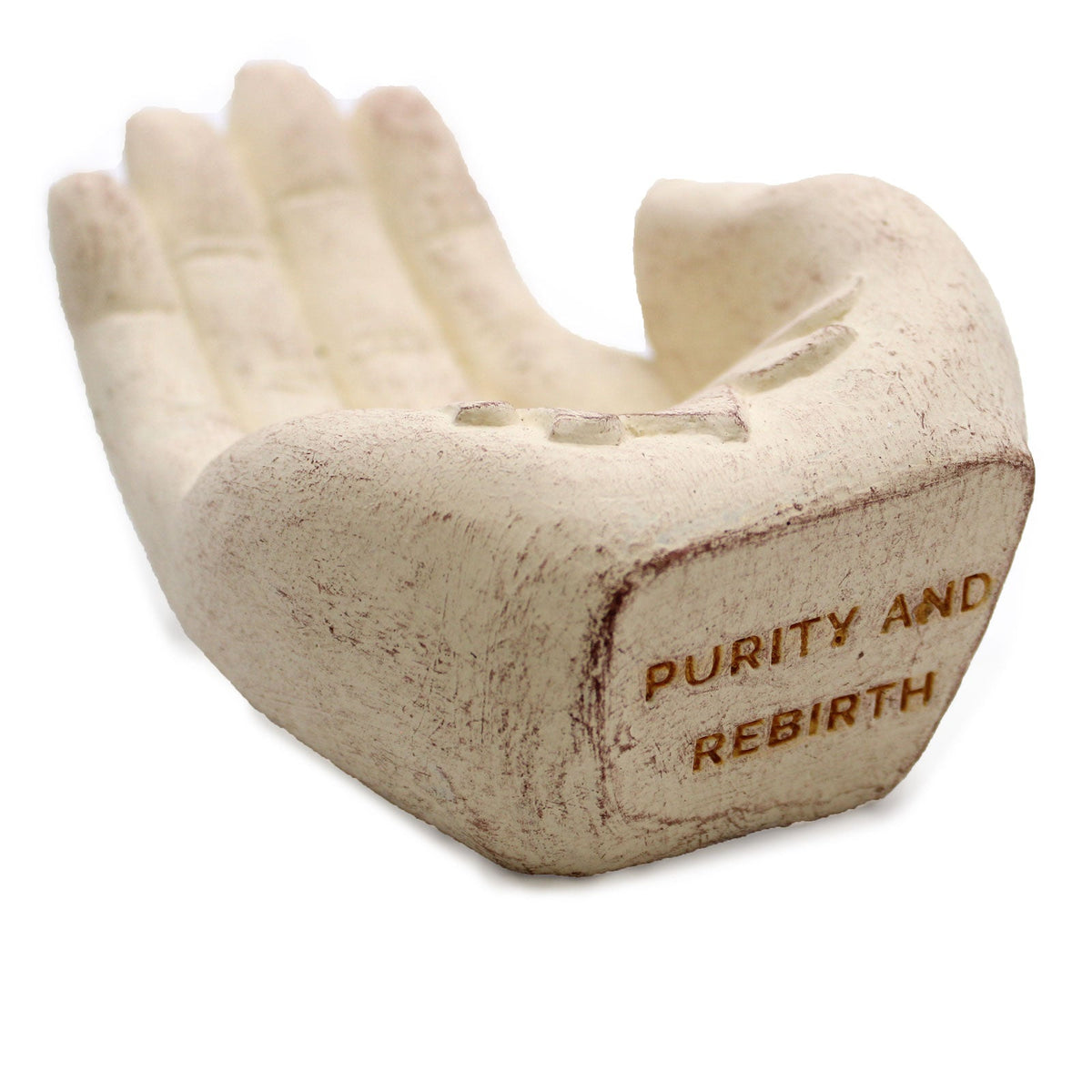 Concrete Incense Burner - Lotus - Purity and Rebirth - White, upright cupped hand with orange Purity and Rebirth lettering, by Quintessential Holistic Health Ltd
