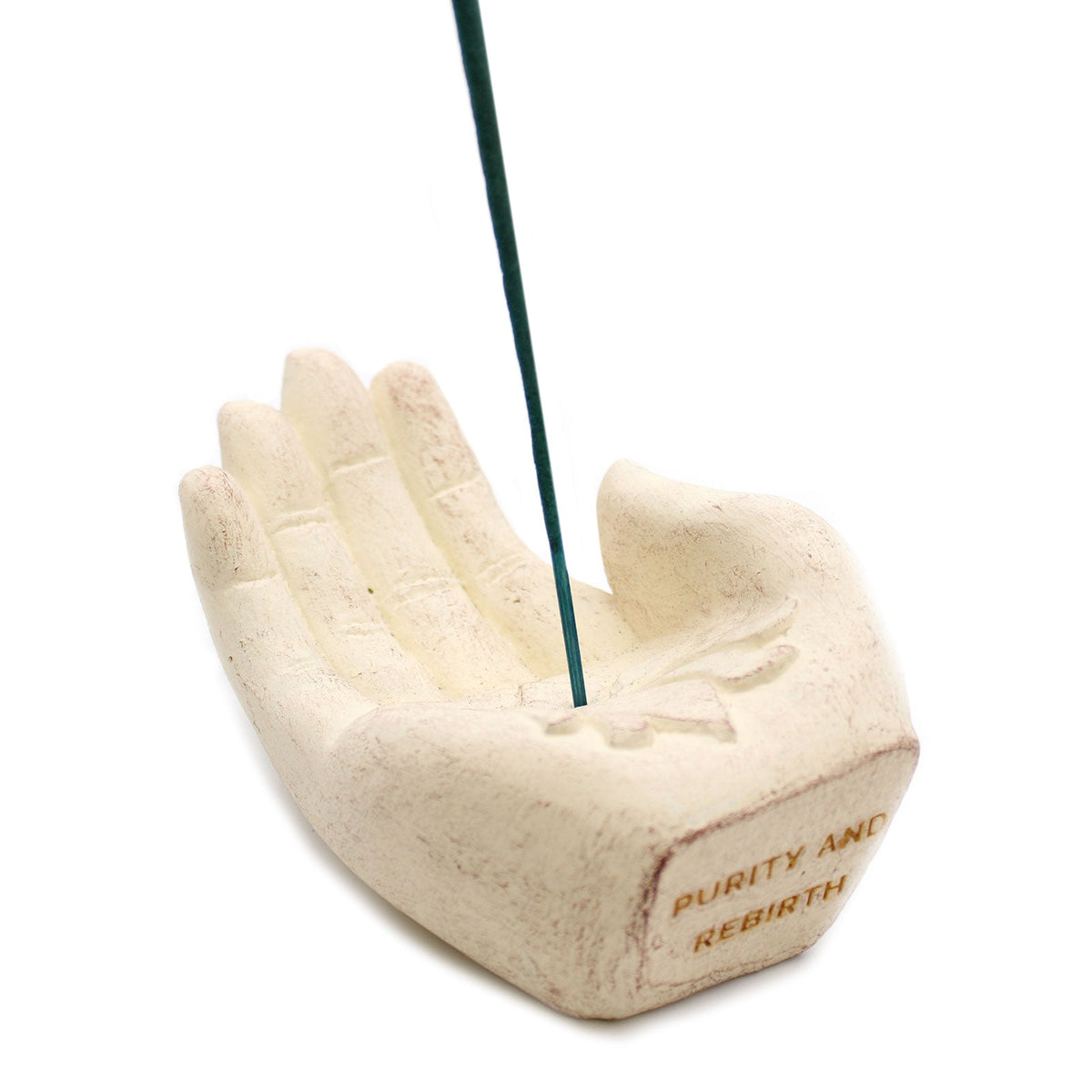 Concrete Incense Burner - Lotus - Purity and Rebirth - White, upright open palm with a lotus motif and green stick, by Quintessential Holistic Health Ltd