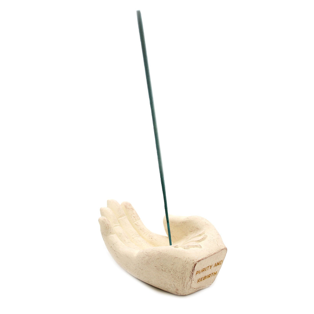 Concrete Incense Burner - Lotus - Purity and Rebirth - White, small open hand holding an upright green stick, by Quintessential Holistic Health Ltd