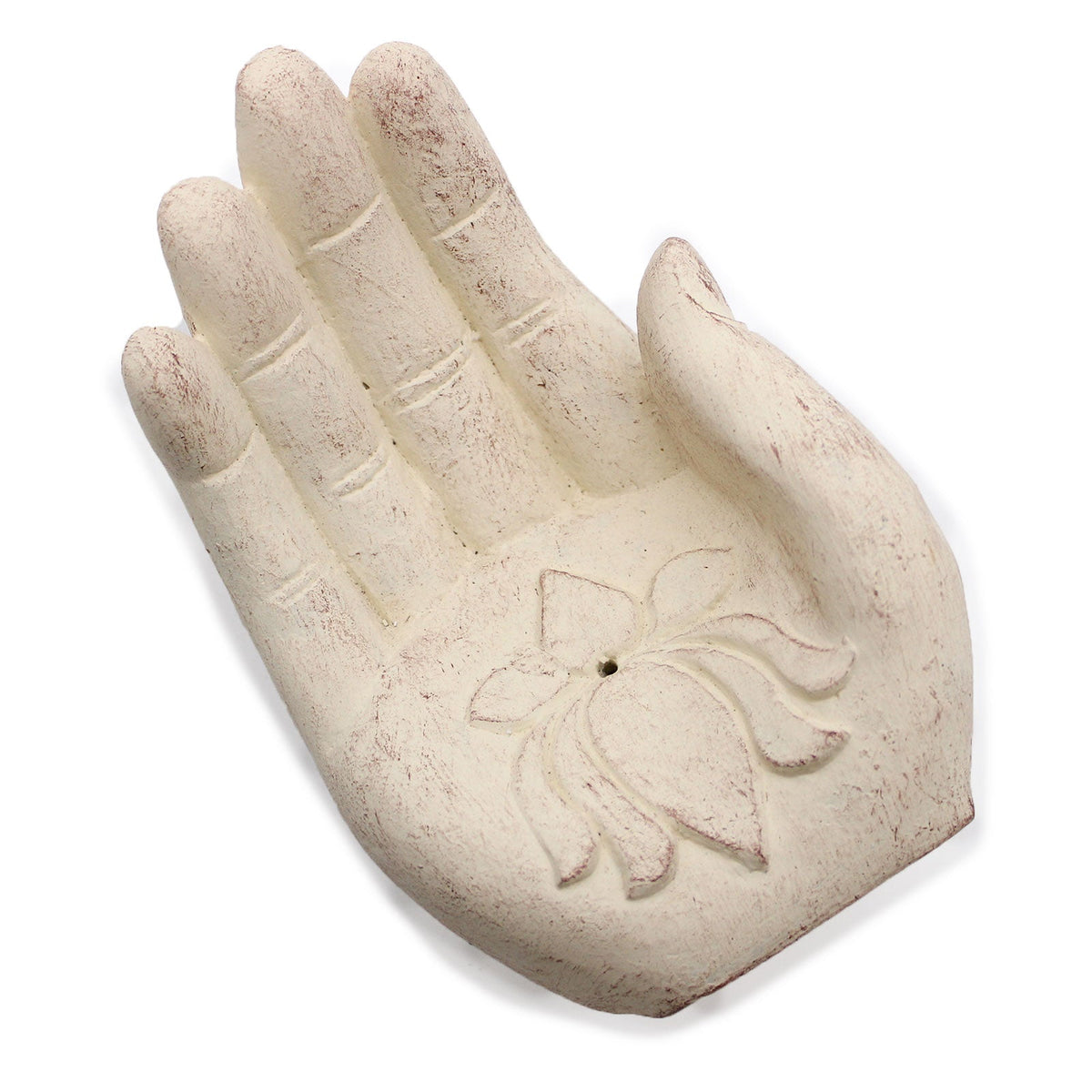Concrete Incense Burner - Lotus - Purity and Rebirth - White, raised open palm with an engraved central lotus motif, by Quintessential Holistic Health Ltd