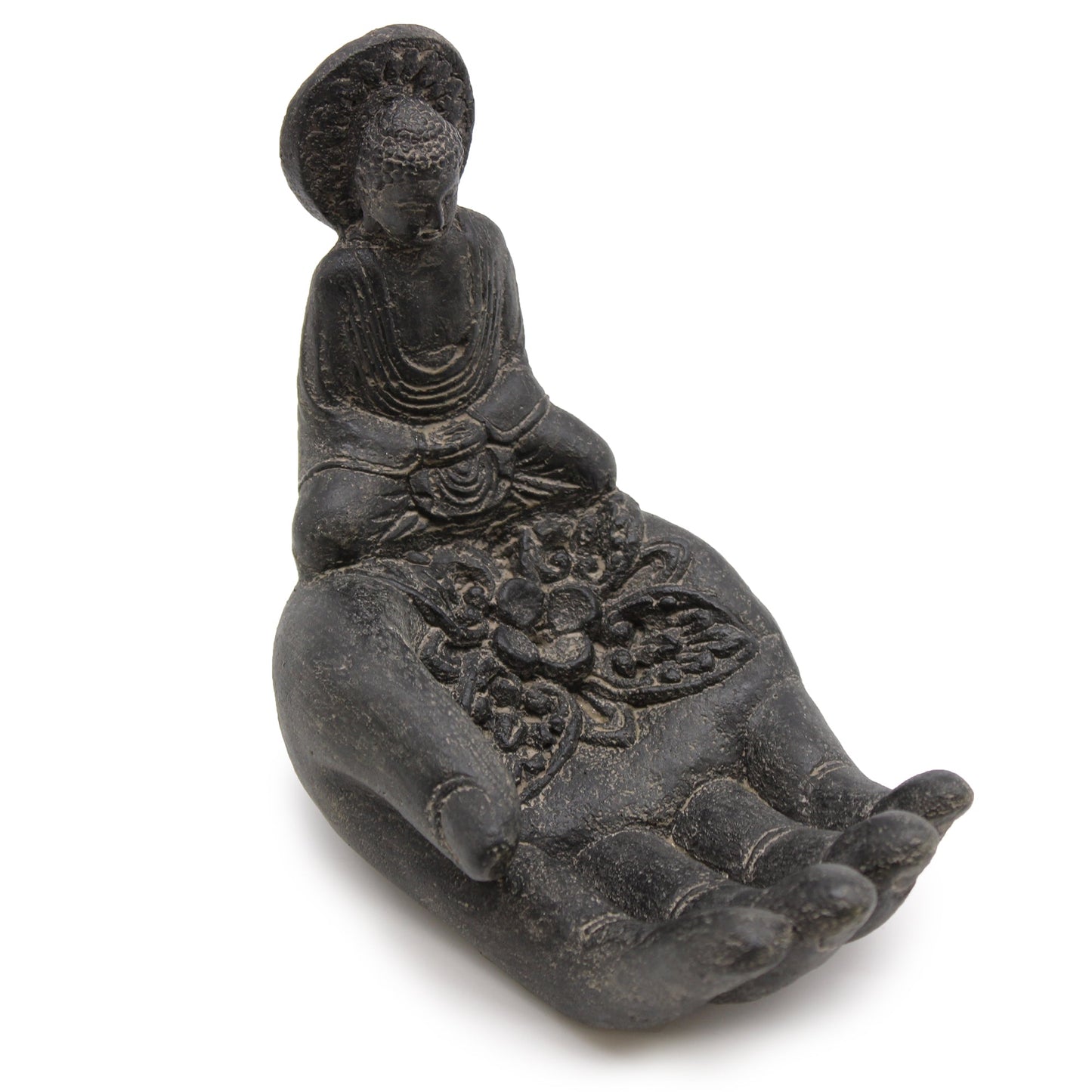 Handcrafted Concrete Incense Burner - Buddha Hand - Black, seated Buddha above a flower-detailed open palm, by Quintessential Holistic Health Ltd