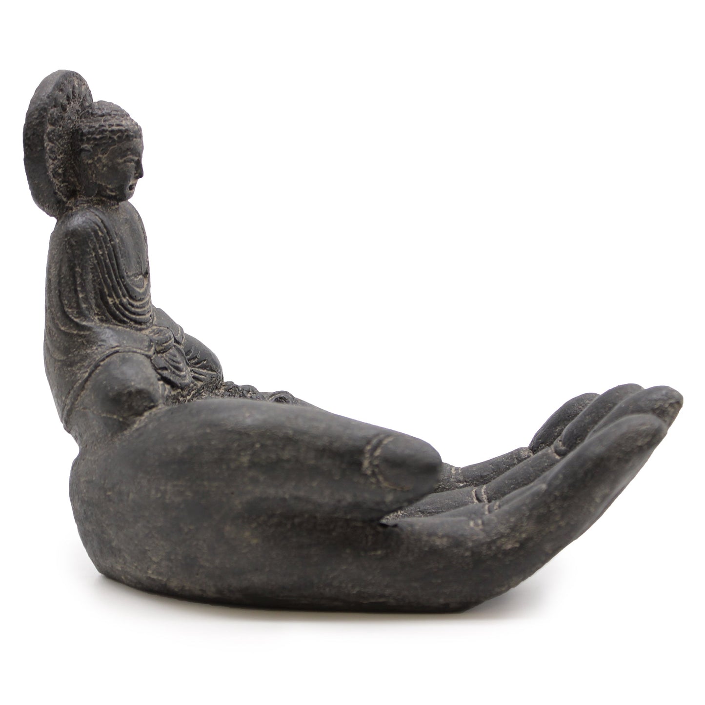 Handcrafted Concrete Incense Burner - Buddha Hand - Black, side view of a Buddha seated in an elongated open palm, by Quintessential Holistic Health Ltd