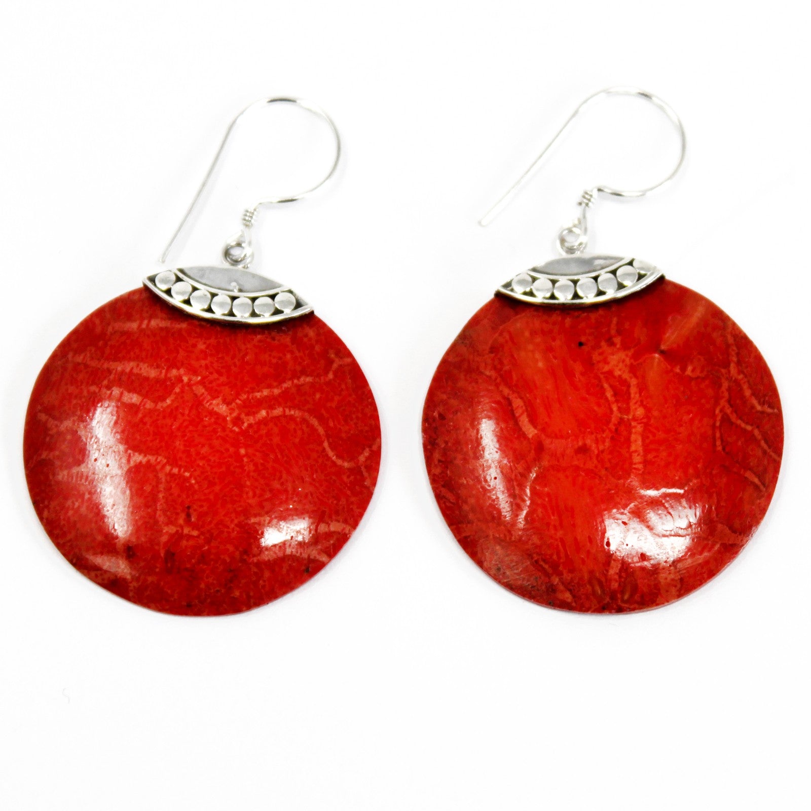 Handmade Red Coral Resin and 925 Silver Earrings - Classic Disc product packaging on clean background from Quintessential Holistic Health Ltd