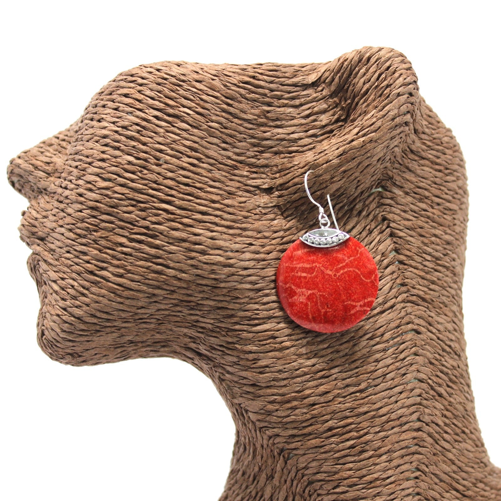 Handmade Red Coral Resin and 925 Silver Earrings - Classic Disc product packaging on clean background from Quintessential Holistic Health Ltd