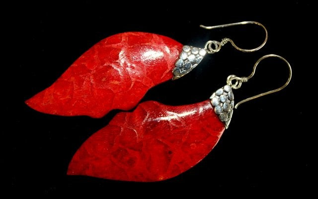 Handmade Red Coral Resin and 925 Silver Earrings - Leaf Drop product packaging on clean background from Quintessential Holistic Health Ltd