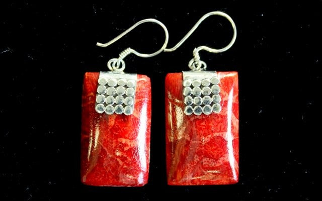 Handmade Red Coral Resin and 925 Silver Earrings - Mini Rectangles product packaging on clean background from Quintessential Holistic Health Ltd