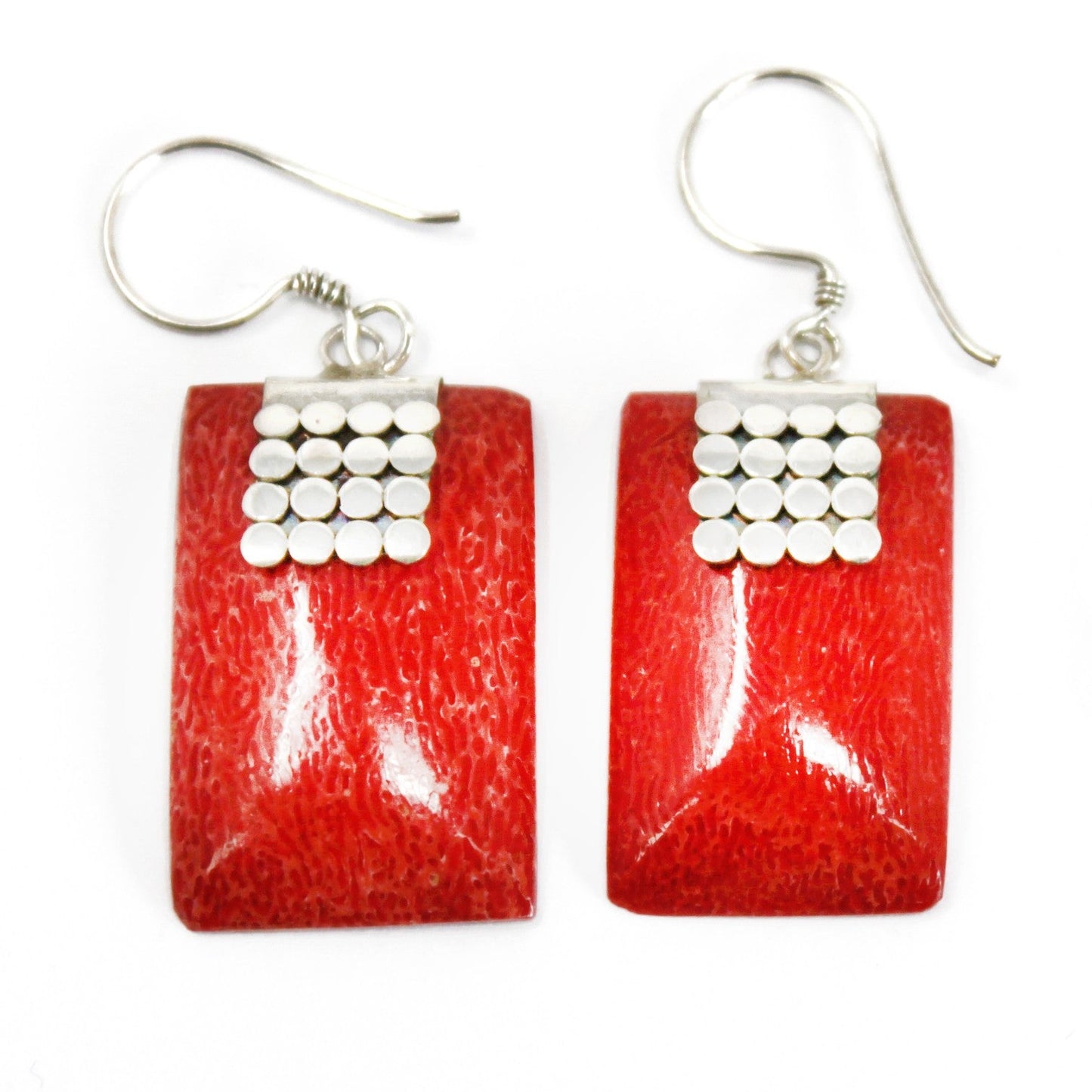 Handmade Red Coral Resin and 925 Silver Earrings - Mini Rectangles product packaging on clean background from Quintessential Holistic Health Ltd