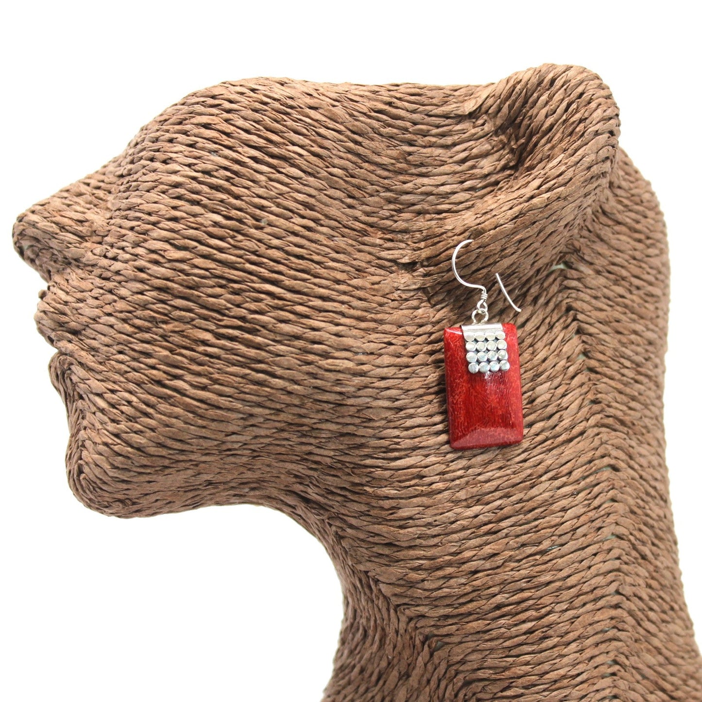 Handmade Red Coral Resin and 925 Silver Earrings - Mini Rectangles product packaging on clean background from Quintessential Holistic Health Ltd