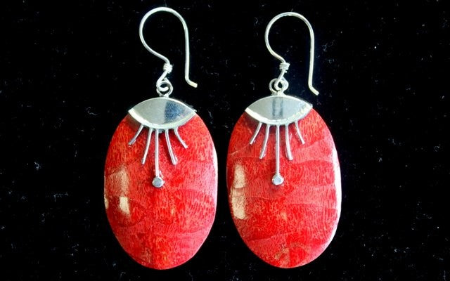 Handmade Red Coral Resin and 925 Silver Earrings - Oval Decor product packaging on clean background from Quintessential Holistic Health Ltd