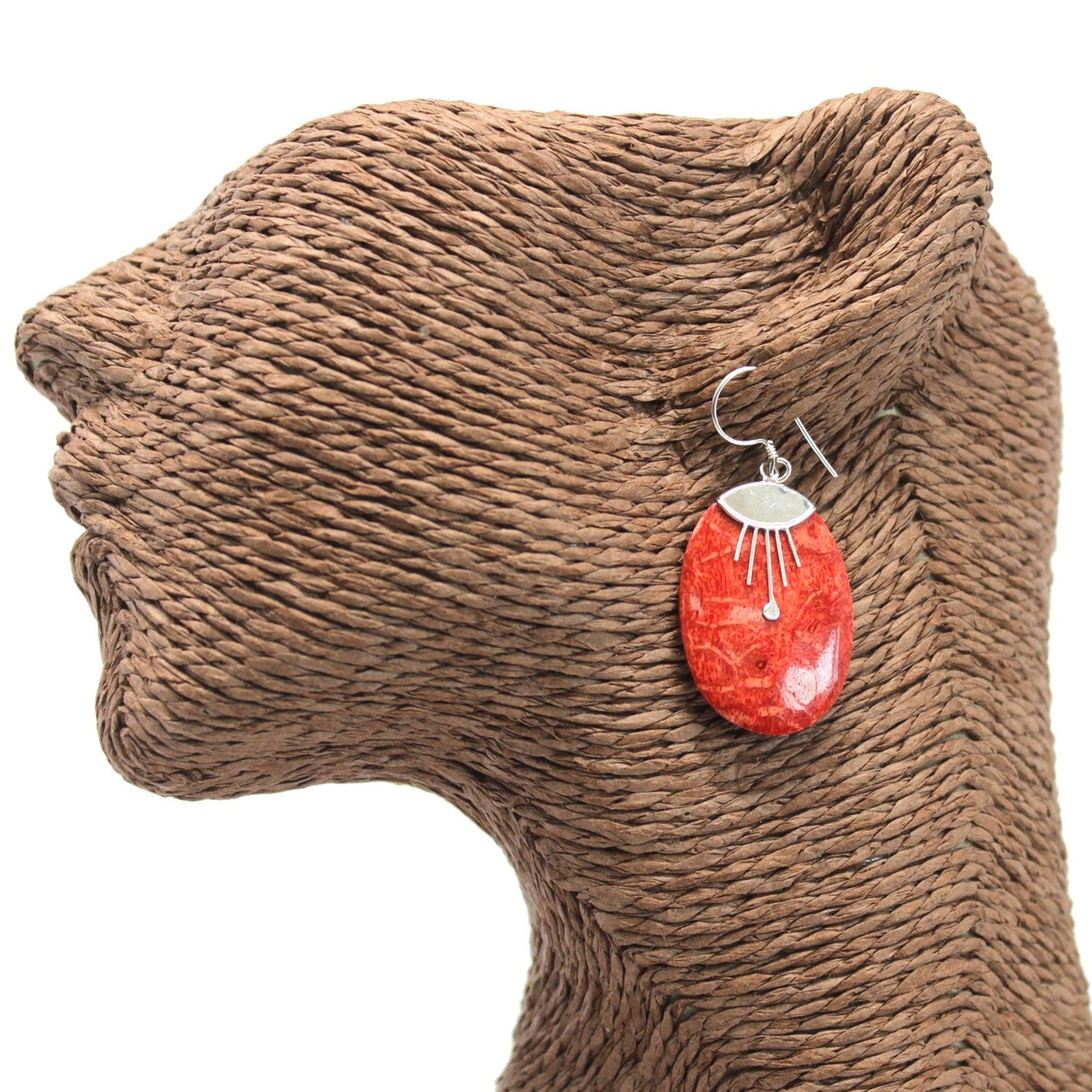 Handmade Red Coral Resin and 925 Silver Earrings - Oval Decor product packaging on clean background from Quintessential Holistic Health Ltd