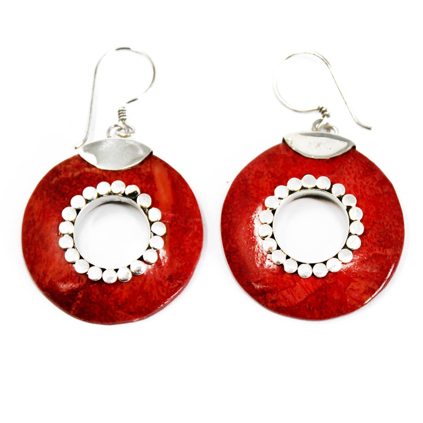 Handmade Red Coral Resin and 925 Silver Earrings - Doughnuts product packaging on clean background from Quintessential Holistic Health Ltd