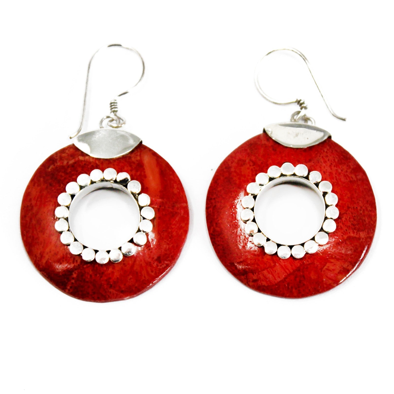 Handmade Red Coral Resin and 925 Silver Earrings - Doughnuts product packaging on clean background from Quintessential Holistic Health Ltd