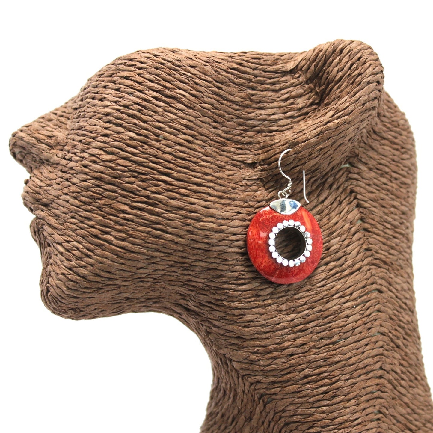 Handmade Red Coral Resin and 925 Silver Earrings - Doughnuts product packaging on clean background from Quintessential Holistic Health Ltd