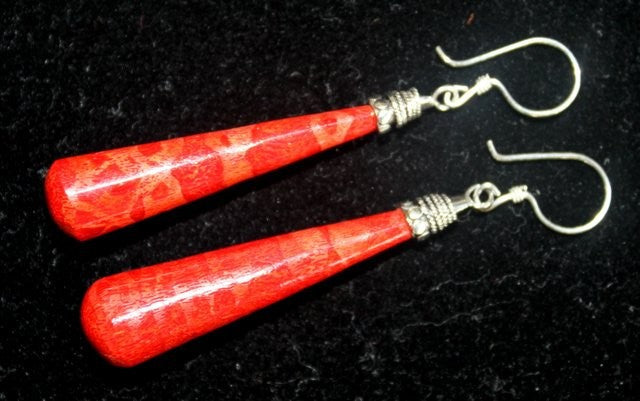 Handmade Red Coral Resin and 925 Silver Earrings - Long Teardrop product packaging on clean background from Quintessential Holistic Health Ltd