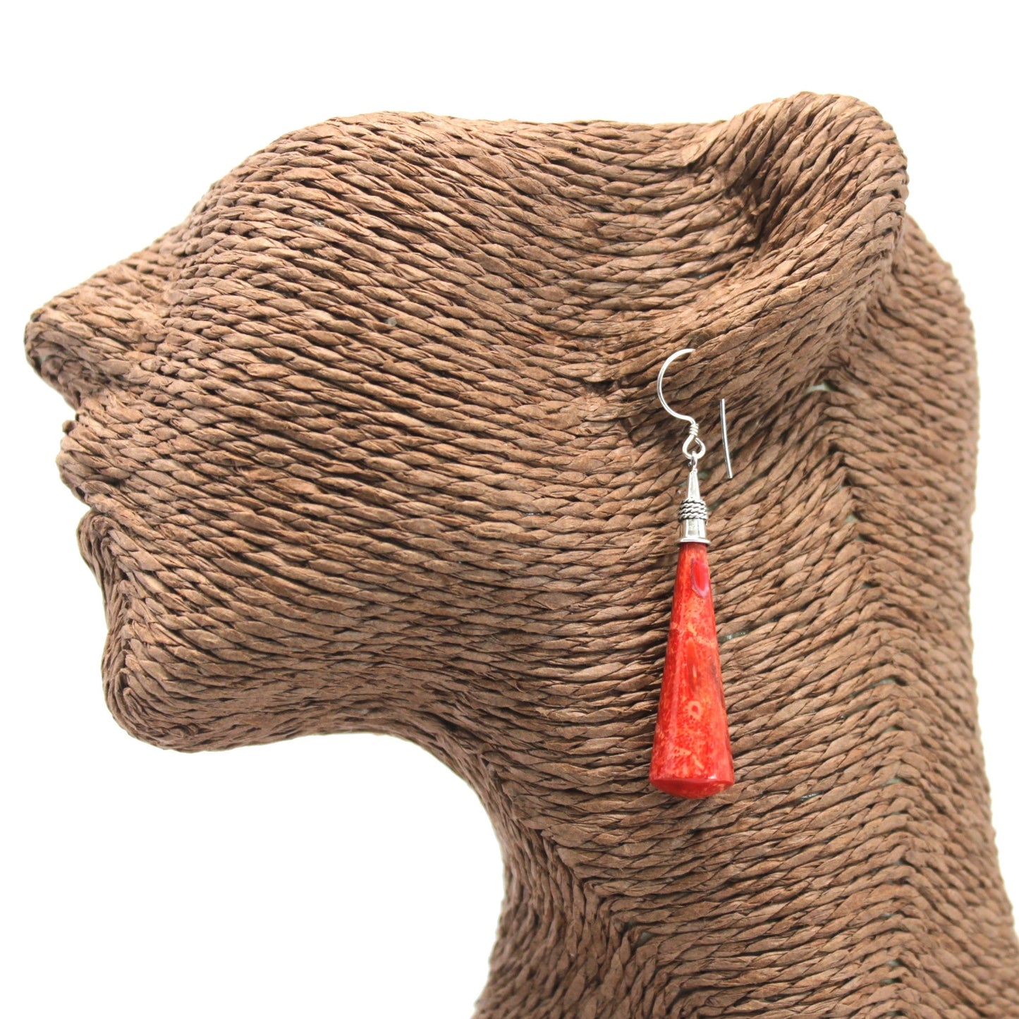 Handmade Red Coral Resin and 925 Silver Earrings - Long Teardrop product packaging on clean background from Quintessential Holistic Health Ltd