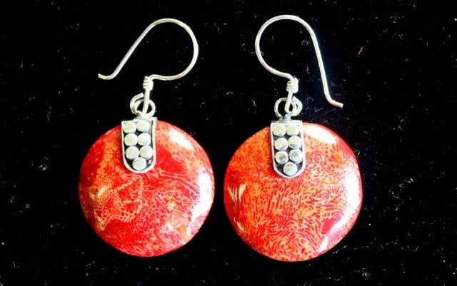 Handmade Red Coral Resin and 925 Silver Earrings - Disc Decor product packaging on clean background from Quintessential Holistic Health Ltd