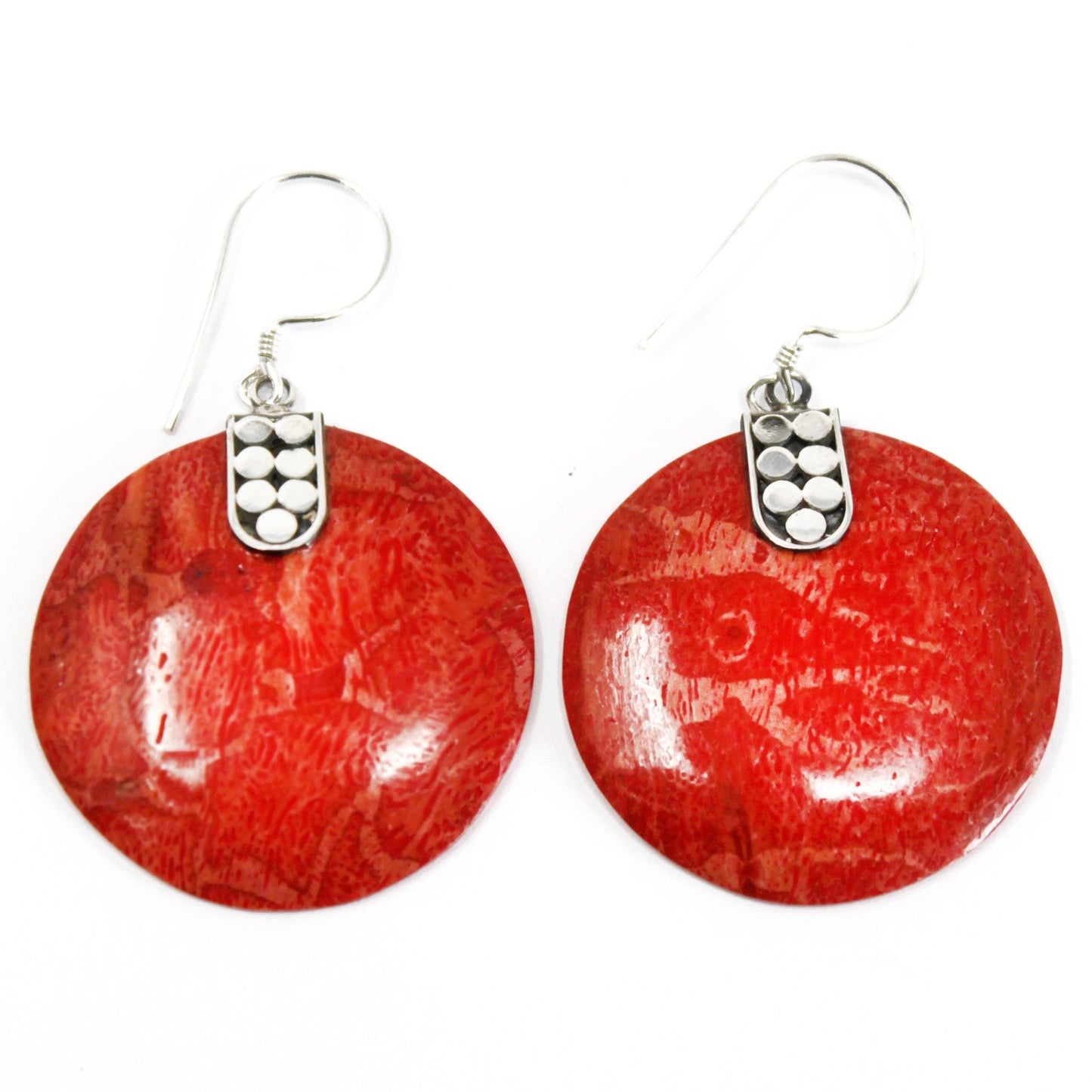 Handmade Red Coral Resin and 925 Silver Earrings - Disc Decor product packaging on clean background from Quintessential Holistic Health Ltd