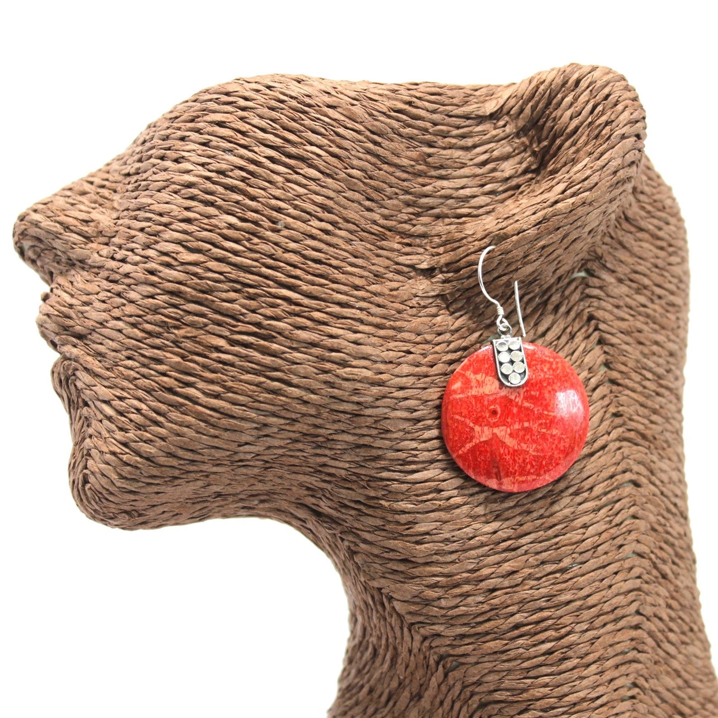 Handmade Red Coral Resin and 925 Silver Earrings - Disc Decor product packaging on clean background from Quintessential Holistic Health Ltd