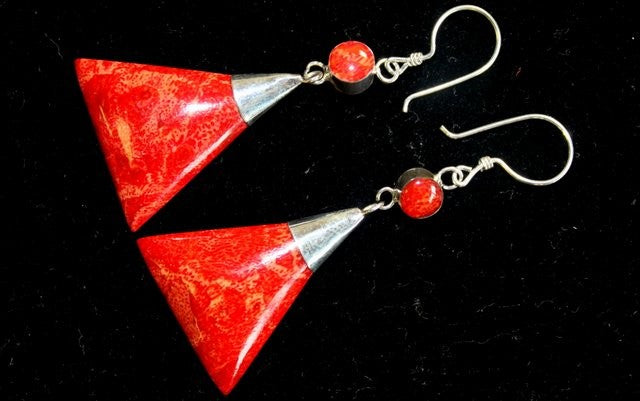 Handmade Red Coral Resin and 925 Silver Earrings - Triangle Double Drop product packaging on clean background from Quintessential Holistic Health Ltd