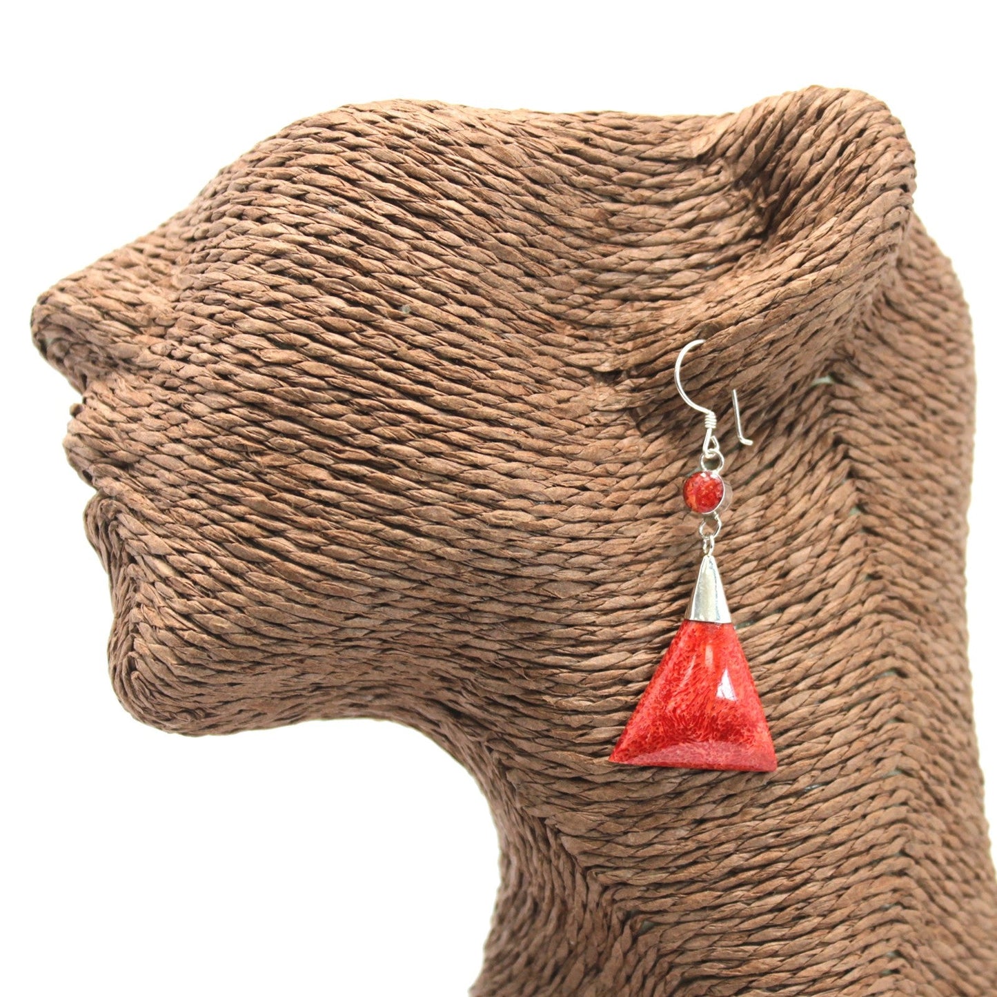 Handmade Red Coral Resin and 925 Silver Earrings - Triangle Double Drop product packaging on clean background from Quintessential Holistic Health Ltd