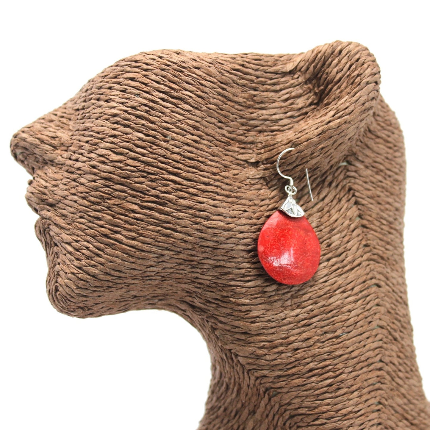 Handmade Red Coral Resin and 925 Silver Earrings - Ball Drops product packaging on clean background from Quintessential Holistic Health Ltd