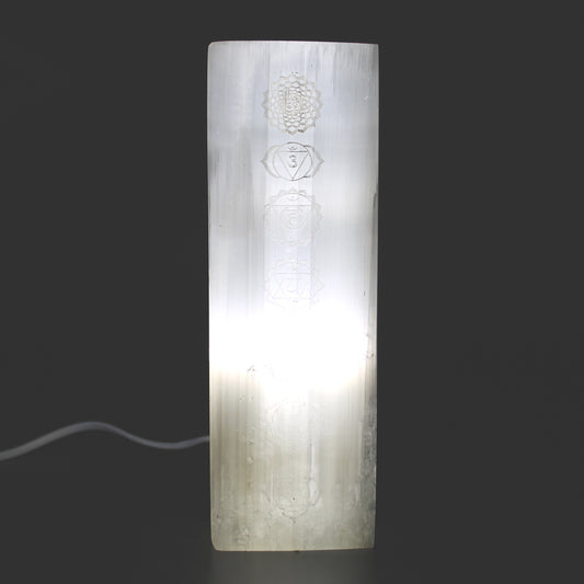 Handmade Selenite Block Lamp - Seven Chakra product packaging on clean background from Quintessential Holistic Health Ltd