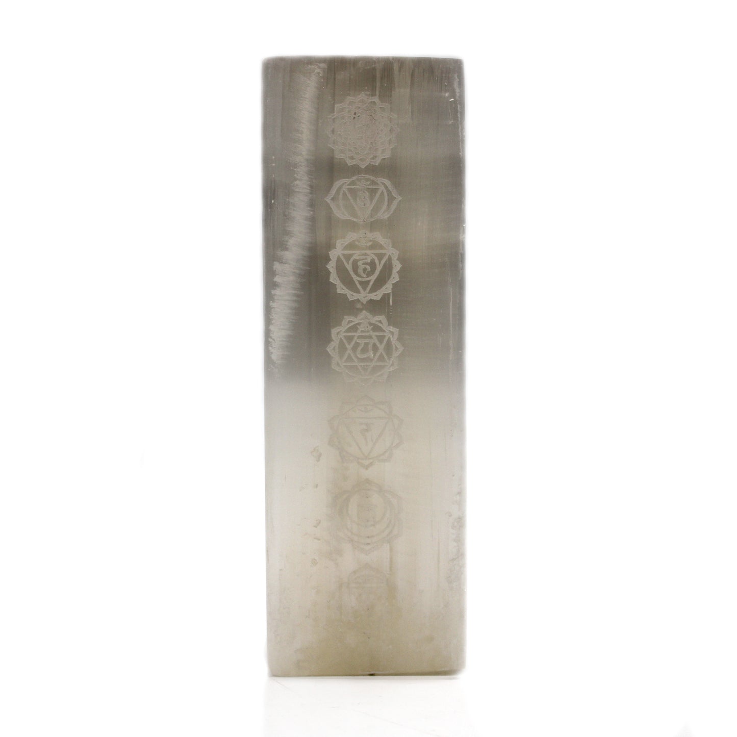 Handmade Selenite Block Lamp - Seven Chakra product packaging on clean background from Quintessential Holistic Health Ltd