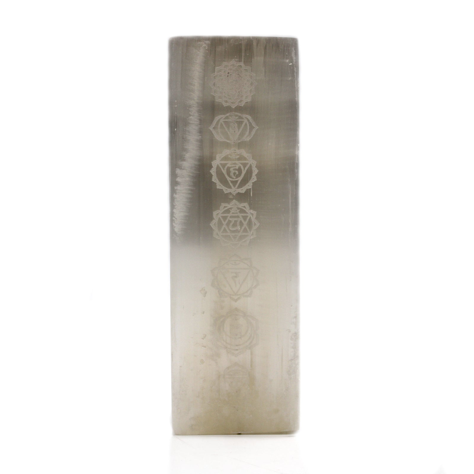 Handmade Selenite Block Lamp - Seven Chakra product packaging on clean background from Quintessential Holistic Health Ltd