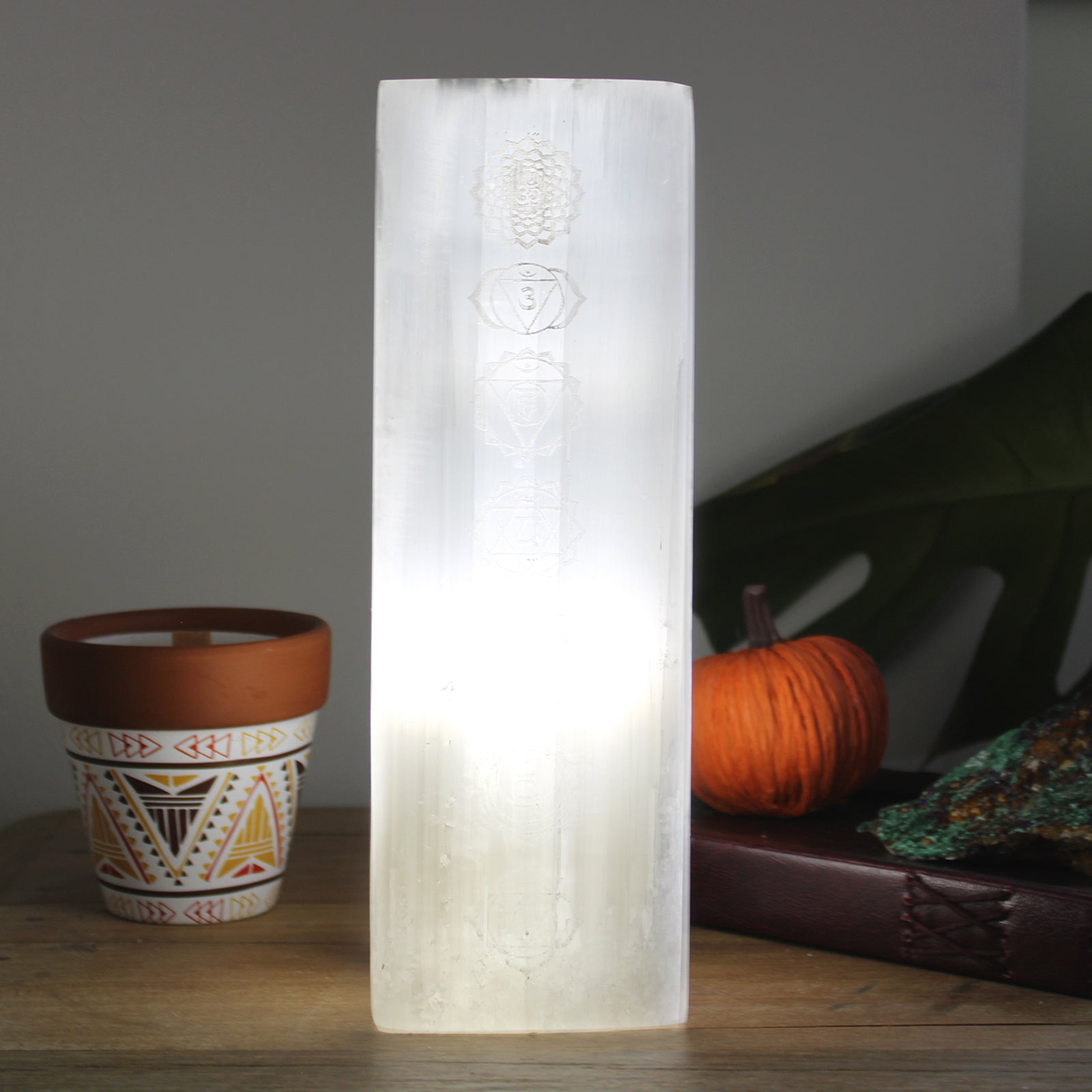 Handmade Selenite Block Lamp - Seven Chakra product packaging on clean background from Quintessential Holistic Health Ltd