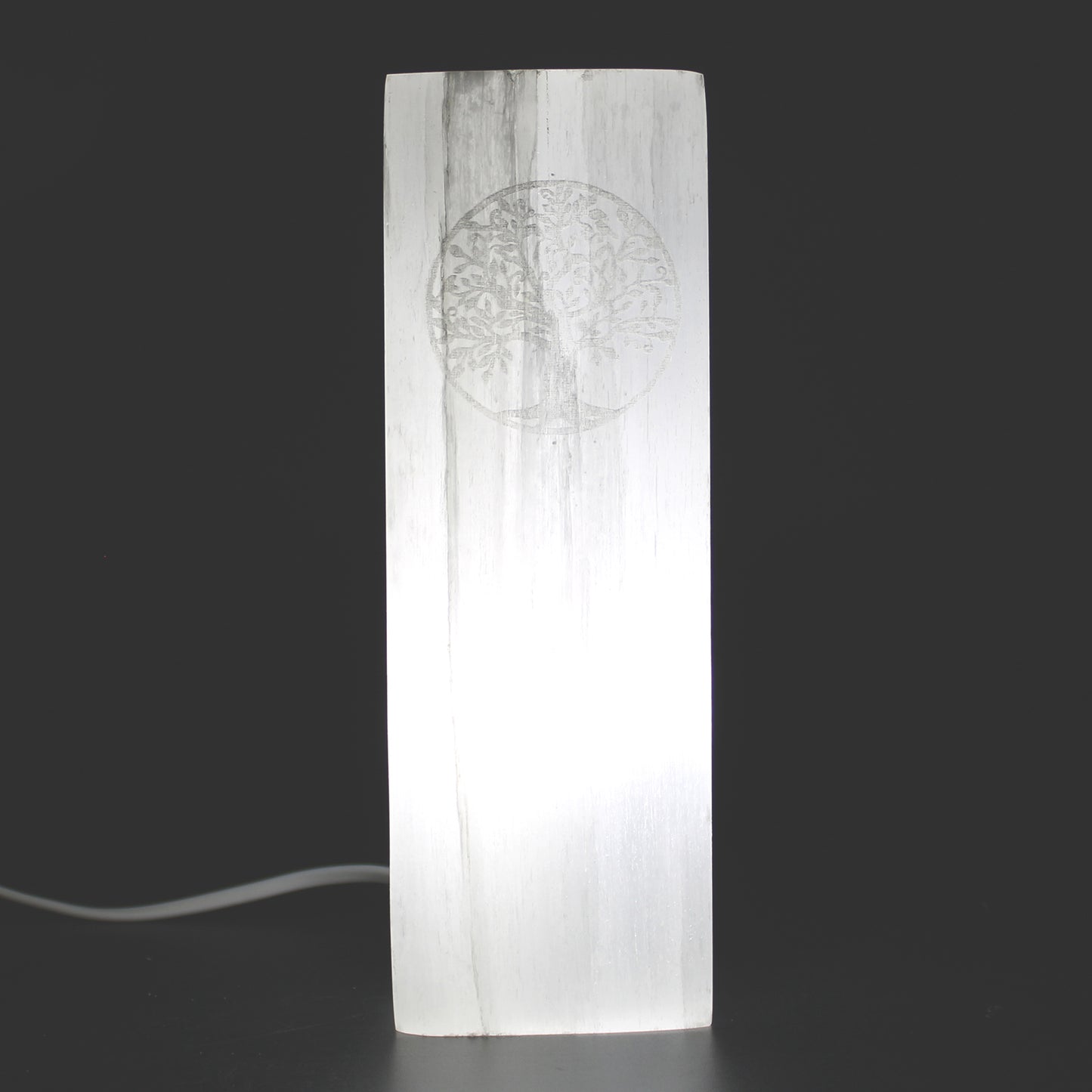 Handmade Selenite Block Lamp - Tree of Life product packaging on clean background from Quintessential Holistic Health Ltd