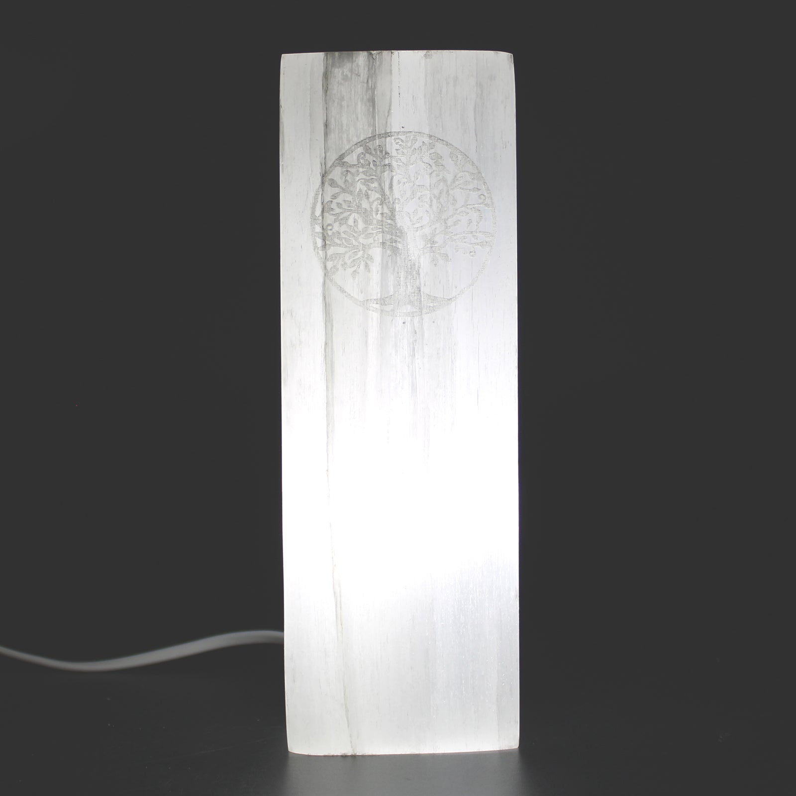 Handmade Selenite Block Lamp - Tree of Life product packaging on clean background from Quintessential Holistic Health Ltd