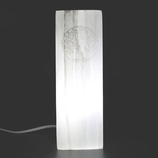 Handmade Selenite Block Lamp - Tree of Life product packaging on clean background from Quintessential Holistic Health Ltd